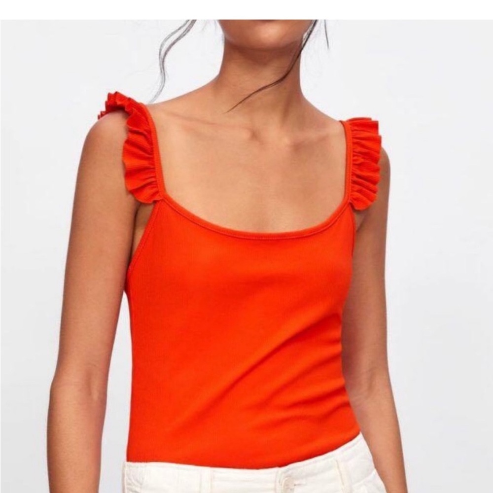 Zara Ribbed Ruffle Strap Bodysuit Size Medium In Orange-Red - Picture 2 of 8